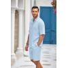 imageCOOFANDY Mens 2 Pieces Linen Set Henley Shirt Short Sleeve and Shorts Summer Beach Yoga Matching OutfitsLight Blue