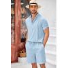 imageCOOFANDY Mens 2 Pieces Linen Set Henley Shirt Short Sleeve and Shorts Summer Beach Yoga Matching OutfitsLight Blue
