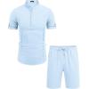 imageCOOFANDY Mens 2 Pieces Linen Set Henley Shirt Short Sleeve and Shorts Summer Beach Yoga Matching OutfitsLight Blue