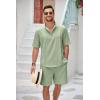 imageCOOFANDY Mens 2 Pieces Linen Set Henley Shirt Short Sleeve and Shorts Summer Beach Yoga Matching OutfitsLight Green