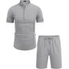 imageCOOFANDY Mens 2 Pieces Linen Set Henley Shirt Short Sleeve and Shorts Summer Beach Yoga Matching OutfitsLight Grey