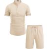 imageCOOFANDY Mens 2 Pieces Linen Set Henley Shirt Short Sleeve and Shorts Summer Beach Yoga Matching OutfitsLight Khaki