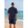 imageCOOFANDY Mens 2 Pieces Linen Set Henley Shirt Short Sleeve and Shorts Summer Beach Yoga Matching OutfitsNavy Blue