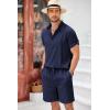 imageCOOFANDY Mens 2 Pieces Linen Set Henley Shirt Short Sleeve and Shorts Summer Beach Yoga Matching OutfitsNavy Blue