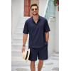 imageCOOFANDY Mens 2 Pieces Linen Set Henley Shirt Short Sleeve and Shorts Summer Beach Yoga Matching OutfitsNavy Blue