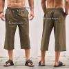 imageCOOFANDY Mens Linen Capri Pants Casual Lightweight 34 Baggy Pants Drawstring Elastic Waist Beach Yoga Pants with PocketsArmy Green