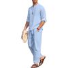 imageCOOFANDY Mens 2 Pieces Cotton Linen Set Long Sleeve Henley Shirts Casual Beach Pants With Pockets Summer Yoga OutfitsBlue