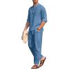 imageCOOFANDY Mens 2 Pieces Cotton Linen Set Long Sleeve Henley Shirts Casual Beach Pants With Pockets Summer Yoga OutfitsDenim Blue
