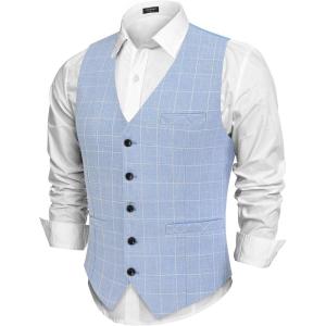 imageCOOFANDY Men Casual Suit Vest Formal Dress Vest Slim Fit Waistcoat Business WeddingPlaid Blazer Sky Blue