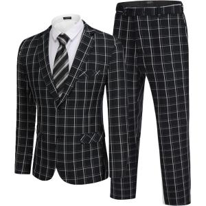 imageCOOFANDY Mens 2 Piece Suits Classic Fit 2 Button Dress Suits Tuxedo Jacket Blazer for Wedding Business Dinner PromBlack  Plaid 