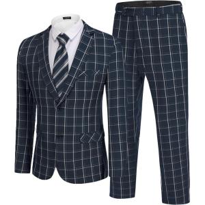 imageCOOFANDY Mens 2 Piece Suits Classic Fit 2 Button Dress Suits Tuxedo Jacket Blazer for Wedding Business Dinner PromNavy Blue  Plaid 