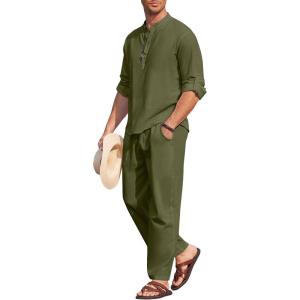 imageCOOFANDY Mens 2 Pieces Cotton Linen Set Long Sleeve Henley Shirts Casual Beach Pants With Pockets Summer Yoga OutfitsArmy Green