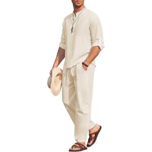 imageCOOFANDY Mens 2 Pieces Cotton Linen Set Long Sleeve Henley Shirts Casual Beach Pants With Pockets Summer Yoga OutfitsBeige