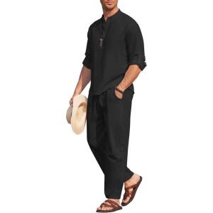 imageCOOFANDY Mens 2 Pieces Cotton Linen Set Long Sleeve Henley Shirts Casual Beach Pants With Pockets Summer Yoga OutfitsBlack