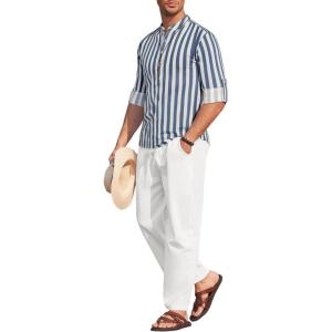 imageCOOFANDY Mens 2 Pieces Cotton Linen Set Long Sleeve Henley Shirts Casual Beach Pants With Pockets Summer Yoga OutfitsBlue Striped