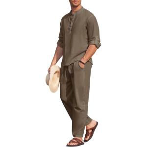 imageCOOFANDY Mens 2 Pieces Cotton Linen Set Long Sleeve Henley Shirts Casual Beach Pants With Pockets Summer Yoga OutfitsBrown