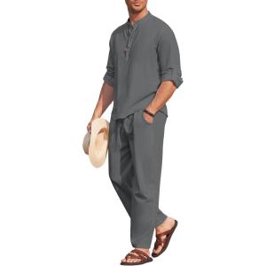imageCOOFANDY Mens 2 Pieces Cotton Linen Set Long Sleeve Henley Shirts Casual Beach Pants With Pockets Summer Yoga OutfitsDark Grey