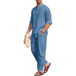 imageCOOFANDY Mens 2 Pieces Cotton Linen Set Long Sleeve Henley Shirts Casual Beach Pants With Pockets Summer Yoga OutfitsDenim Blue