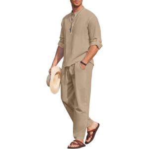 imageCOOFANDY Mens 2 Pieces Cotton Linen Set Long Sleeve Henley Shirts Casual Beach Pants With Pockets Summer Yoga OutfitsKhaki