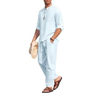 imageCOOFANDY Mens 2 Pieces Cotton Linen Set Long Sleeve Henley Shirts Casual Beach Pants With Pockets Summer Yoga OutfitsLight Blue