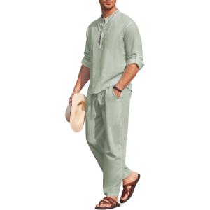 imageCOOFANDY Mens 2 Pieces Cotton Linen Set Long Sleeve Henley Shirts Casual Beach Pants With Pockets Summer Yoga OutfitsLight Green