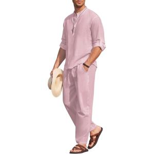 imageCOOFANDY Mens 2 Pieces Cotton Linen Set Long Sleeve Henley Shirts Casual Beach Pants With Pockets Summer Yoga OutfitsMisty Rose