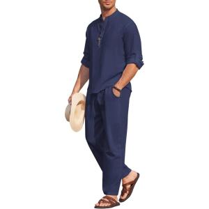 imageCOOFANDY Mens 2 Pieces Cotton Linen Set Long Sleeve Henley Shirts Casual Beach Pants With Pockets Summer Yoga OutfitsNavy Blue