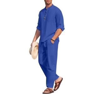 imageCOOFANDY Mens 2 Pieces Cotton Linen Set Long Sleeve Henley Shirts Casual Beach Pants With Pockets Summer Yoga OutfitsRoyal Blue