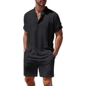 imageCOOFANDY Mens 2 Pieces Linen Set Henley Shirt Short Sleeve and Shorts Summer Beach Yoga Matching OutfitsBlack
