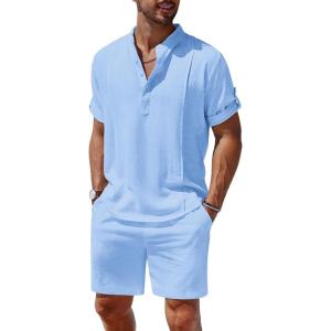imageCOOFANDY Mens 2 Pieces Linen Set Henley Shirt Short Sleeve and Shorts Summer Beach Yoga Matching OutfitsBlue