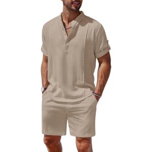 imageCOOFANDY Mens 2 Pieces Linen Set Henley Shirt Short Sleeve and Shorts Summer Beach Yoga Matching OutfitsKhaki