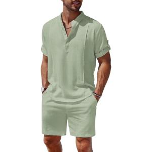 imageCOOFANDY Mens 2 Pieces Linen Set Henley Shirt Short Sleeve and Shorts Summer Beach Yoga Matching OutfitsLight Green