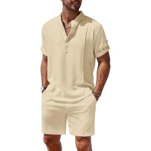 imageCOOFANDY Mens 2 Pieces Linen Set Henley Shirt Short Sleeve and Shorts Summer Beach Yoga Matching OutfitsLight Khaki
