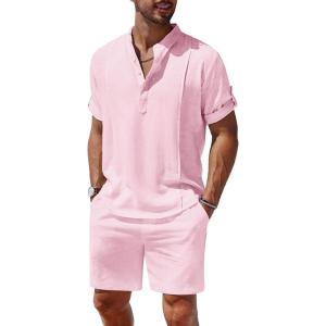 imageCOOFANDY Mens 2 Pieces Linen Set Henley Shirt Short Sleeve and Shorts Summer Beach Yoga Matching OutfitsPink