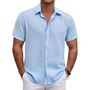 imageCOOFANDY Mens Button Down Shirt Short Sleeve Casual Shirts for Summer Beach Vacation ShirtsClear Blue