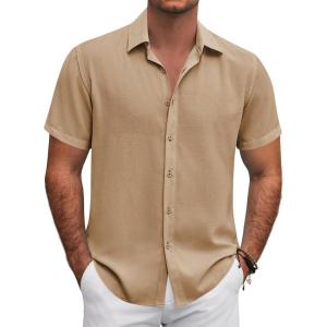 imageCOOFANDY Mens Button Down Shirt Short Sleeve Casual Shirts for Summer Beach Vacation ShirtsKhaki