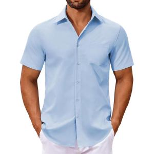 imageCOOFANDY Mens Button Down Shirts Short Sleeve Casual Dress Shirts Untucked Summer Shirt with PocketLight Blue
