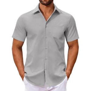 imageCOOFANDY Mens Button Down Shirts Short Sleeve Casual Dress Shirts Untucked Summer Shirt with PocketLight Grey