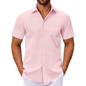 imageCOOFANDY Mens Button Down Shirts Short Sleeve Casual Dress Shirts Untucked Summer Shirt with PocketLight Pink