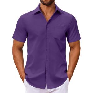imageCOOFANDY Mens Button Down Shirts Short Sleeve Casual Dress Shirts Untucked Summer Shirt with PocketPurple