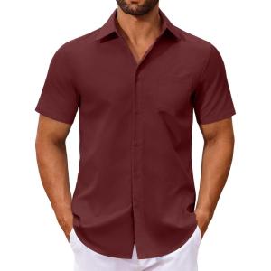 imageCOOFANDY Mens Button Down Shirts Short Sleeve Casual Dress Shirts Untucked Summer Shirt with PocketWine Red