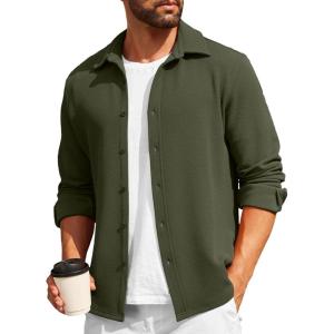 imageCOOFANDY Mens Casual Button Down Shirt Long Sleeve Lightweight Jacket Fashion Textured ShirtsArmy Green