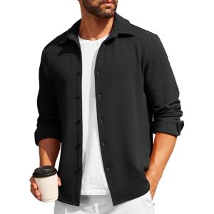 imageCOOFANDY Mens Casual Button Down Shirt Long Sleeve Lightweight Jacket Fashion Textured ShirtsBlack