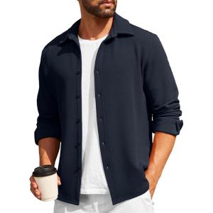 imageCOOFANDY Mens Casual Button Down Shirt Long Sleeve Lightweight Jacket Fashion Textured ShirtsDark Blue