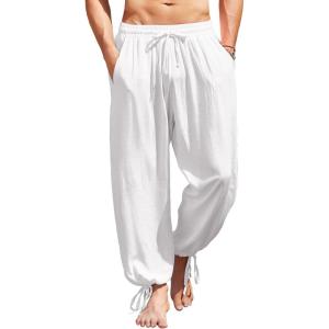 imageCOOFANDY Mens Cotton Linen Pants Casual Harem Pants Elastic Waist Beach Boho Yoga Trousers1white