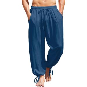 imageCOOFANDY Mens Cotton Linen Pants Casual Harem Pants Elastic Waist Beach Boho Yoga TrousersDark Blue