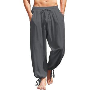 imageCOOFANDY Mens Cotton Linen Pants Casual Harem Pants Elastic Waist Beach Boho Yoga TrousersDark Grey