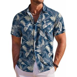 imageCOOFANDY Mens Hawaiian Shirt Short Sleeve Floral Button Down Shirts Tropical Holiday Beach ShirtsBlue  White  Leaf