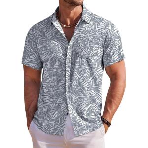 imageCOOFANDY Mens Hawaiian Shirt Short Sleeve Floral Button Down Shirts Tropical Holiday Beach ShirtsGray Blue  White Leaf