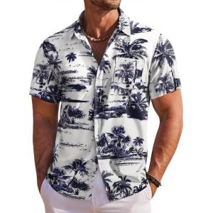 imageCOOFANDY Mens Hawaiian Shirt Short Sleeve Floral Button Down Shirts Tropical Holiday Beach ShirtsNavy  Palm Tree